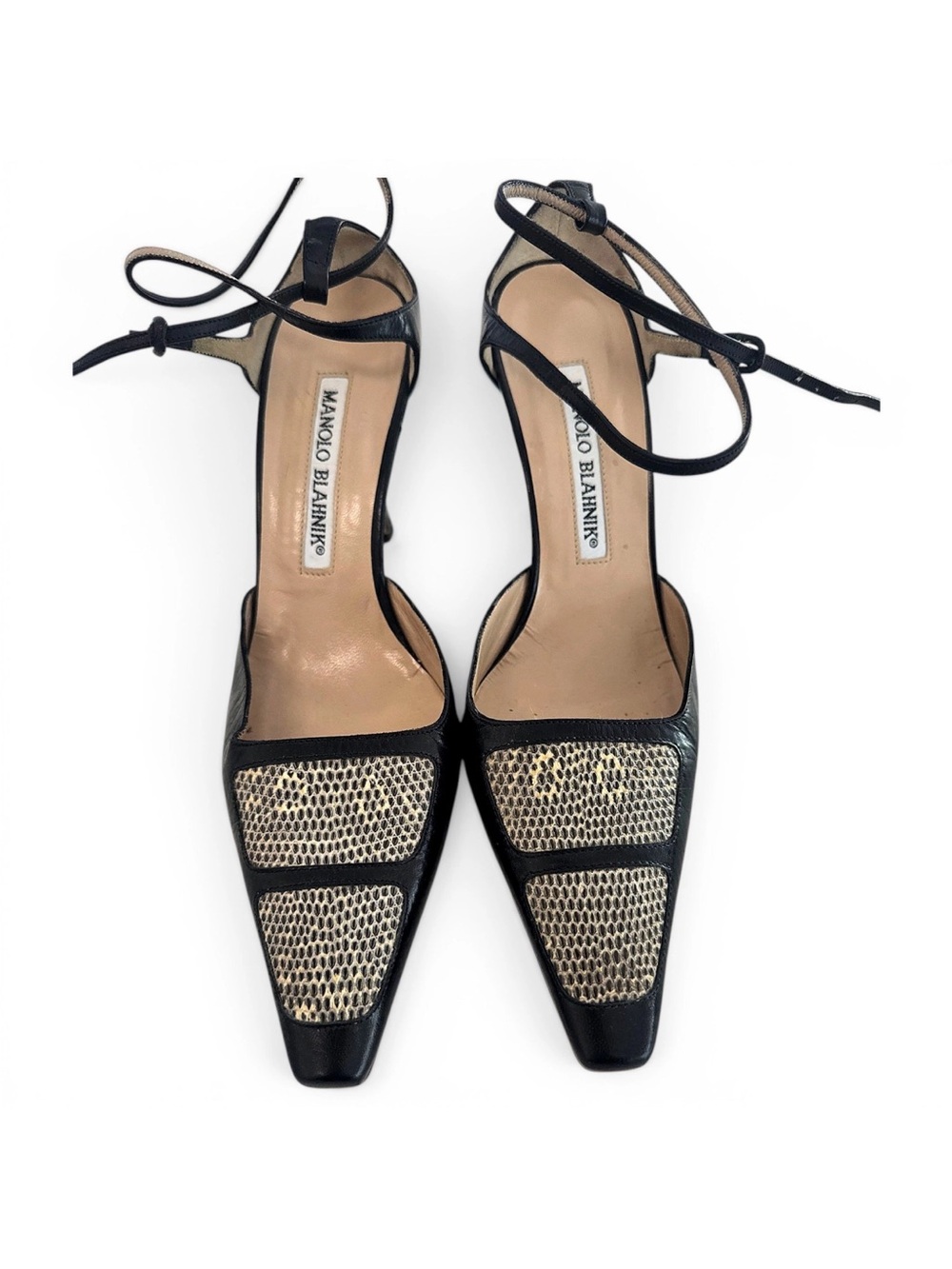 Manolo Blahnik Black Leather Pumps with Natural Raffia Insets